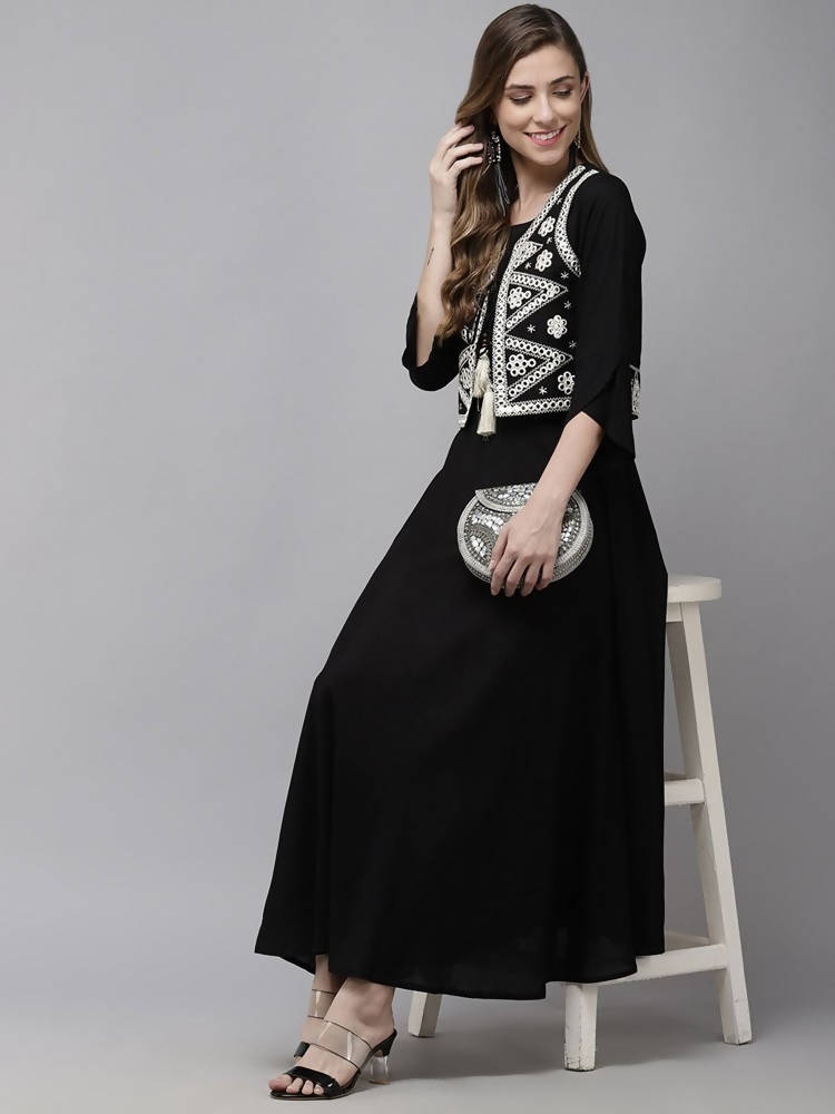 Yufta Women A-Line Black Dress With White Embroidered Jacket | Grocsy