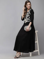 Yufta Women A-Line Black Dress With White Embroidered Jacket | Grocsy