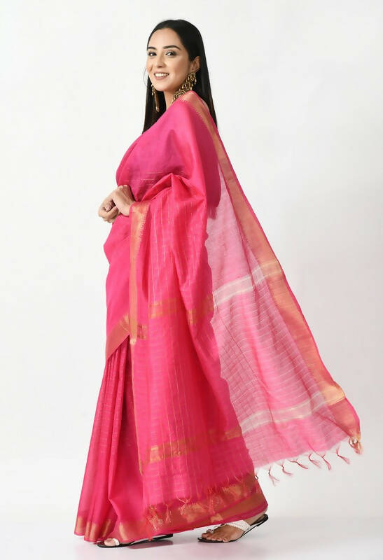 Mominos Fashion Moeza Pink Bhagalpuri Handloom Silk Raj Shree Saree with unstitched Blouse piece | Grocsy