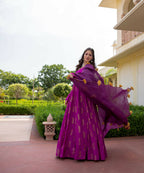 Purple Pure Reyon Gold Foil Work Stitched Suit With Dupatta - Anbazaar | Grocsy