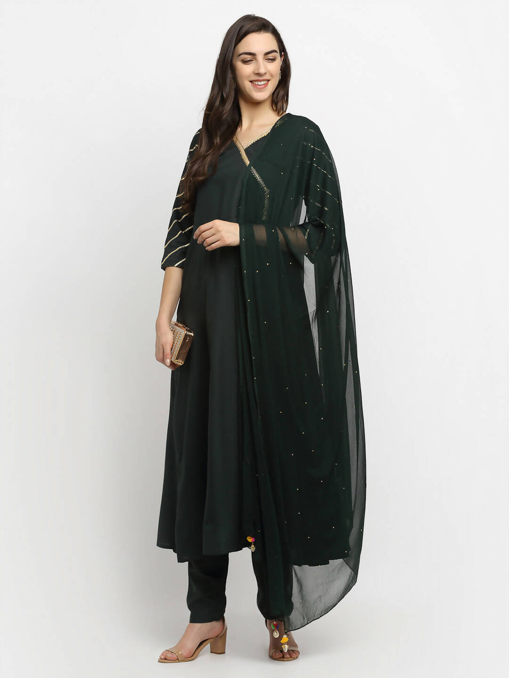 Rudra Bazaar Green Angrakha Style Flared Anarkali Kurta with Pyjamas & Dupatta | Grocsy