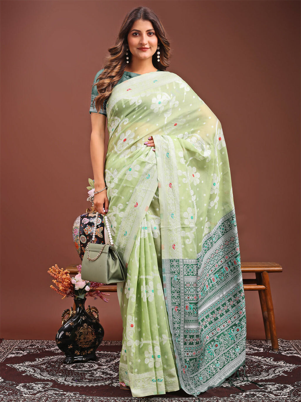 Shree Shyam Fashion Anaya Light Green Linen Cotton Saree | Grocsy