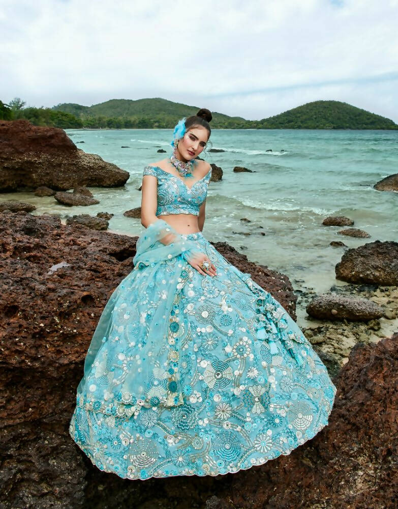 House of Panchhi Sky Blue Organza Sequins, Zarkan And Thread Embroidery Lehenga Choli & Dupatta | Grocsy