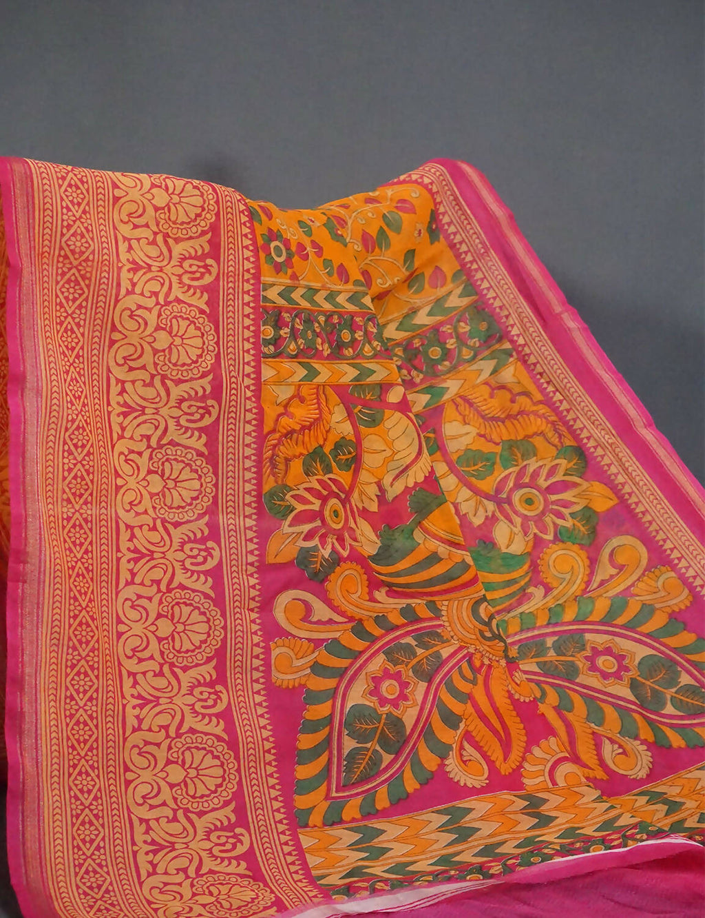 Shades Of Yellow Kalamkaari Design Semi Chanderi Saree With Contrast Blouse By Gayathri Reddy Designer Studio | Grocsy