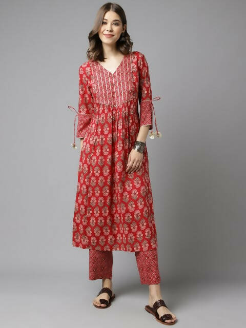 FIORRA Women's Red Cotton A-Line Kurta Set | Grocsy