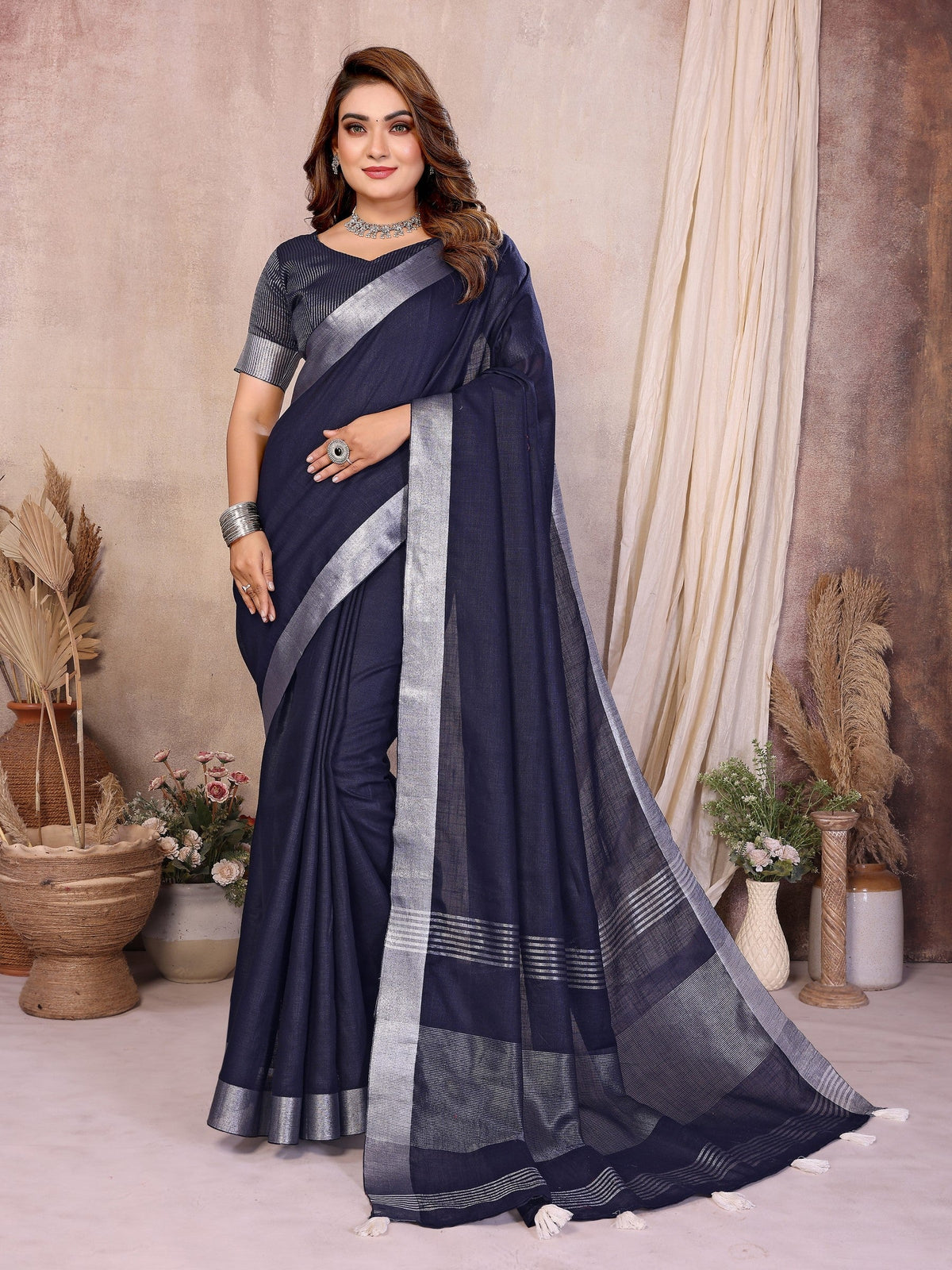 Anaita Teal Weaving Linen Cotton Saree With Blouse | Grocsy