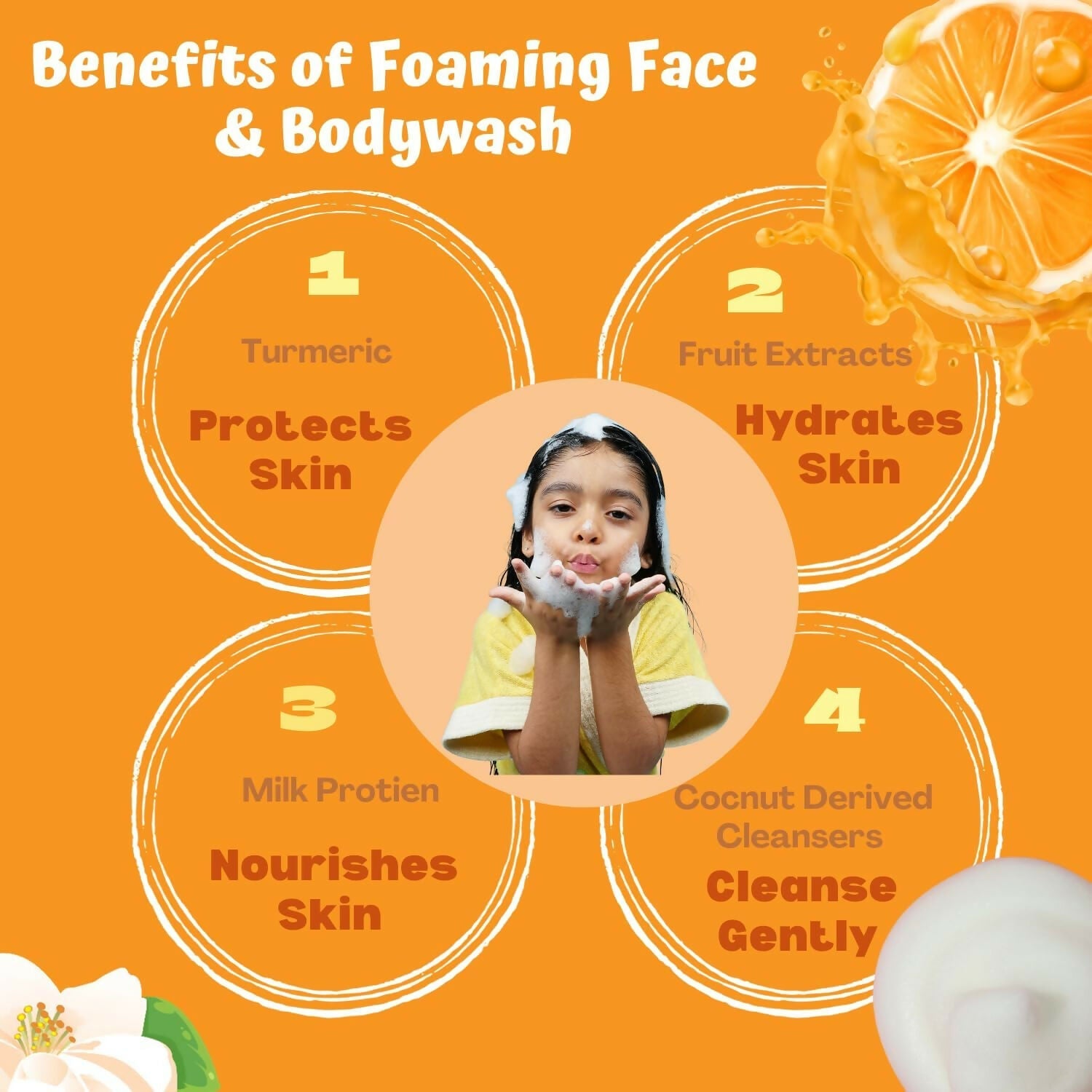 Puddles Organic Cub Riders Kids Foaming Face & Body Wash, Turmeric, Milk Protein, Orange Essential Oil | Grocsy