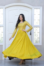 Jyoti Fashion Women's Yellow Sequence Zari Embroidered Faux Blooming Anarkali Dress | Grocsy
