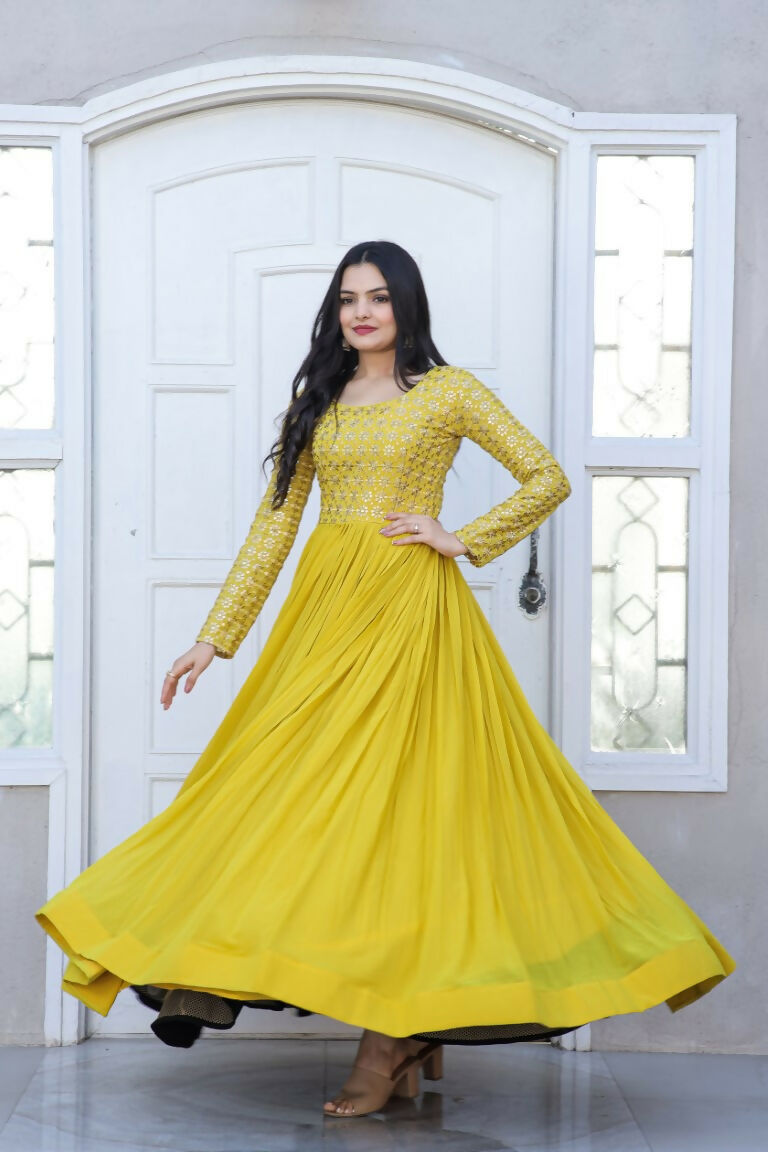 Jyoti Fashion Women's Yellow Sequence Zari Embroidered Faux Blooming Anarkali Dress | Grocsy