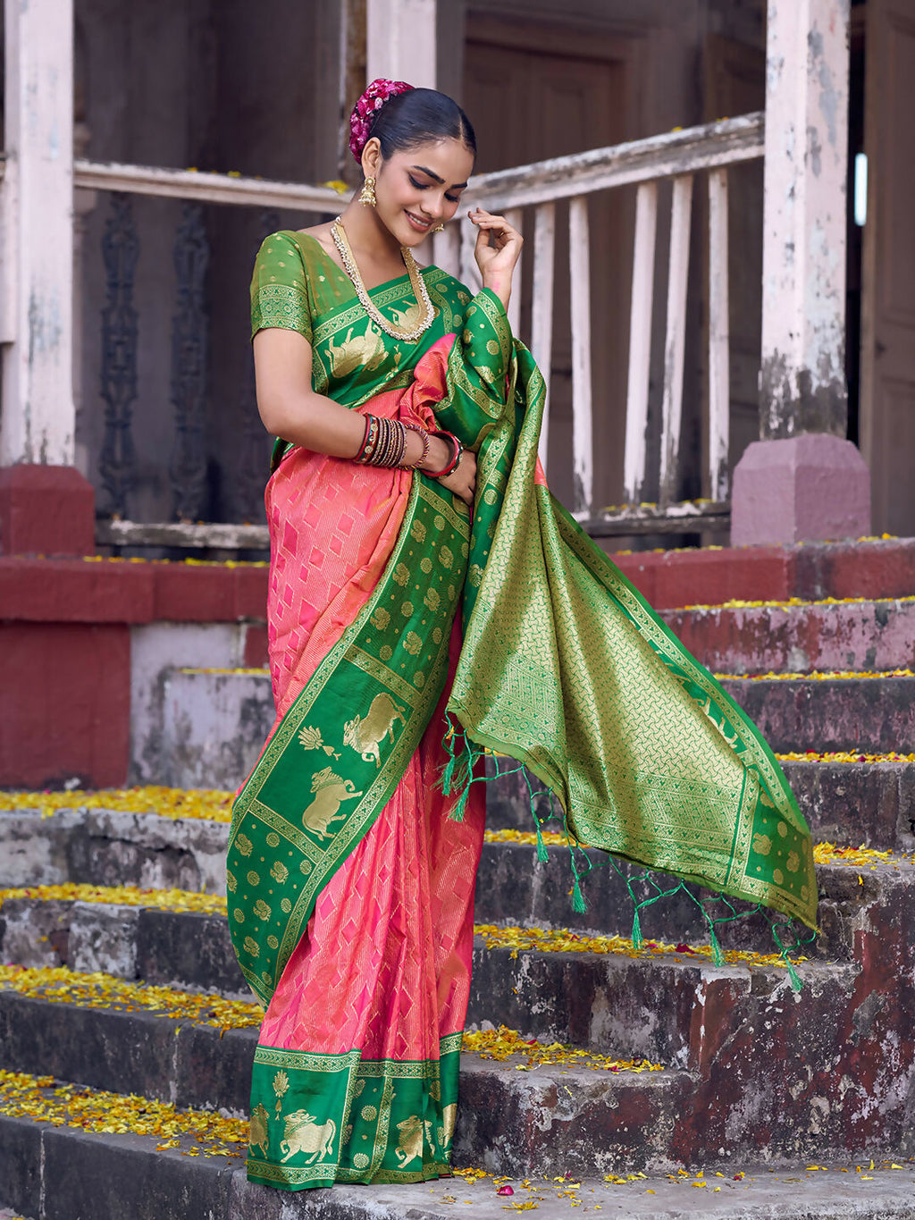 Shree Shyam Fashion Peach Soft Silk Saree | Grocsy