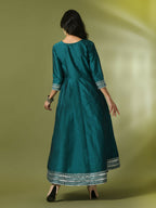 Myshka Women's Teal Solid Silk Anarkali Party Kurta | Grocsy