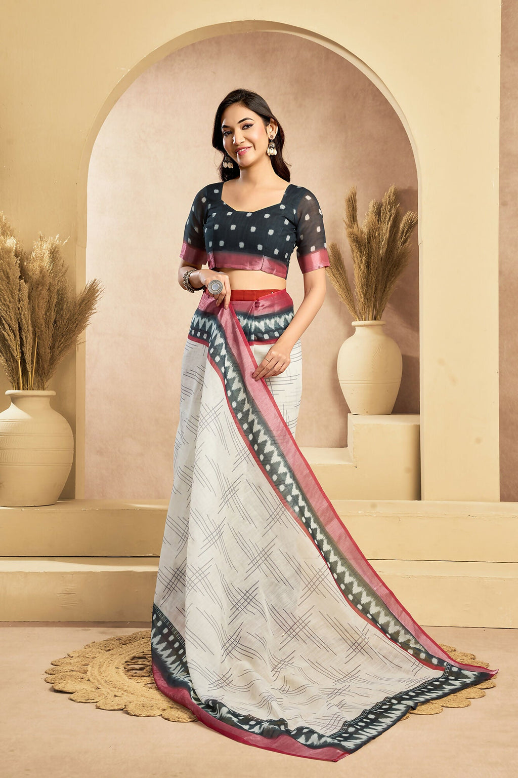 Vastranavya Digital Printed Linen Ready To Wear Pocket Saree with Unstitched Blouse | Grocsy