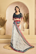 Vastranavya Digital Printed Linen Ready To Wear Pocket Saree with Unstitched Blouse | Grocsy