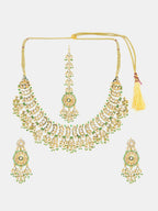 Ruby Raang Gold Polished Kundan Work Gold Kundan Collar Necklace With Earrings & Maang Tikka | Grocsy