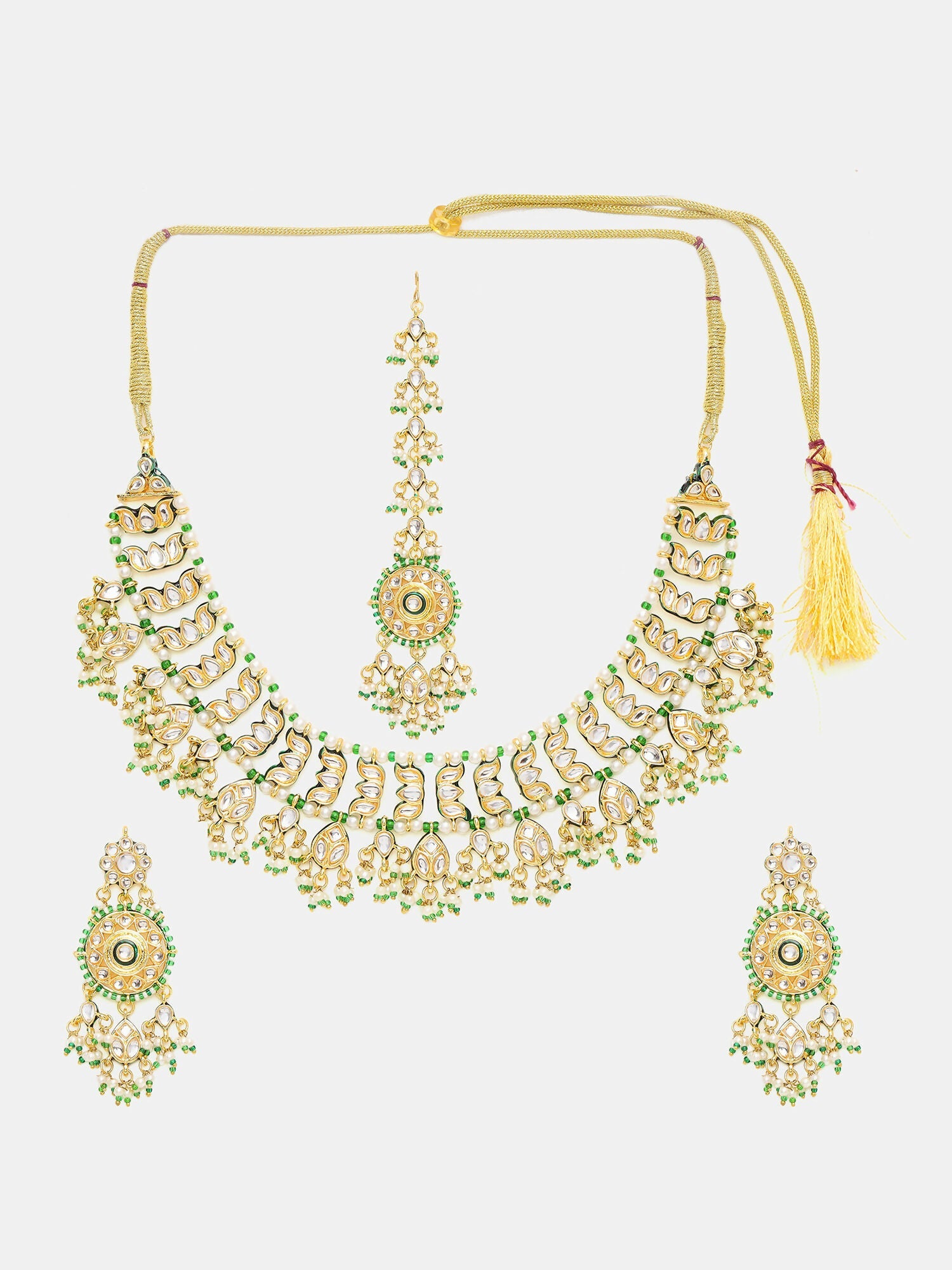 Ruby Raang Gold Polished Kundan Work Gold Kundan Collar Necklace With Earrings & Maang Tikka | Grocsy