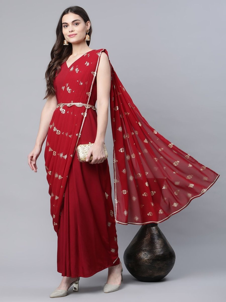 Ahalyaa Women Maroon Crepe Georgette Printed Saree Dress With Printed Pallu | Grocsy