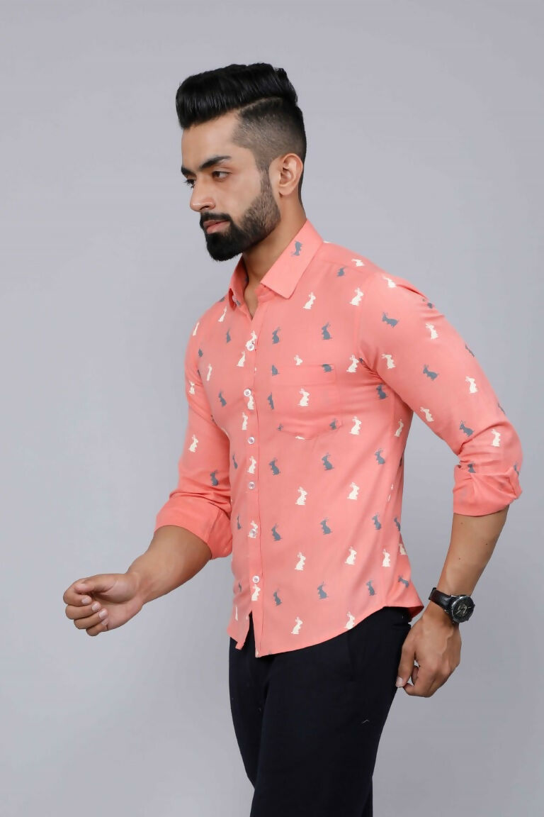 Miravan Men's Peach Spread Collar Animal Print Partywear Shirt | Grocsy