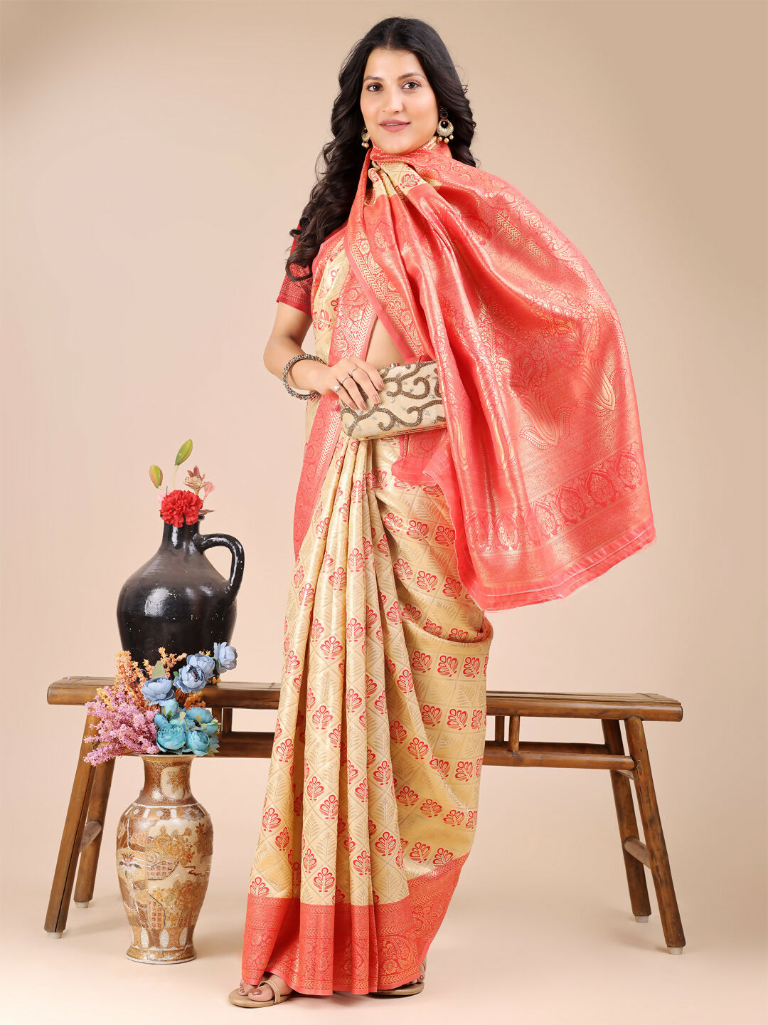 Shree Shyam Fashion Aura Silk Cream Red Banarasi Silk Saree | Grocsy