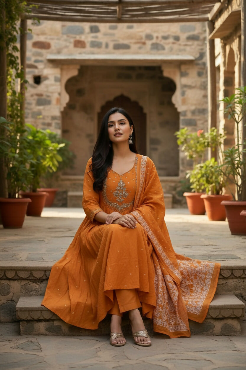 The52 Women's Beautiful Cotton Fabric Embroidery Work Flared Anarkali Pant and Dupatta Set | Grocsy