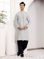 Light Grey Viscose Woven Jacquard Work Men's Kurta - Mahotsav | Grocsy