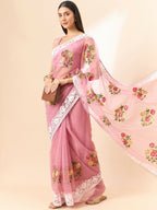 Pink Organza Floral Embroidered Saree with Unstitched Blouse Piece - Roozal | Grocsy