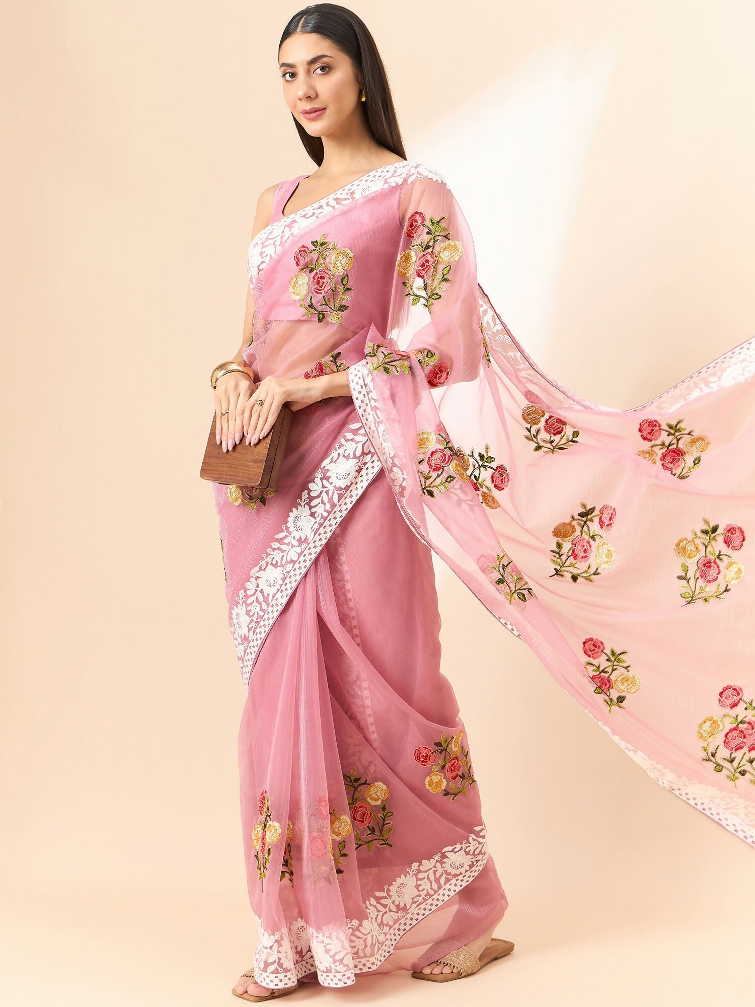 Pink Organza Floral Embroidered Saree with Unstitched Blouse Piece - Roozal | Grocsy