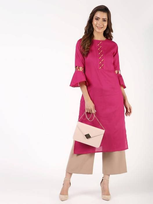 Aniyah Cotton Criss Cross Bell Sleeves Magenta Straight Kurta (AN-144K) | Grocsy