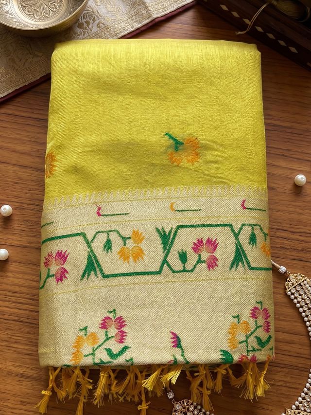 Shree Shyam Fashion Mustard Woven Work Tissue Silk Fabric Festive Wear Saree With Blouse | Grocsy