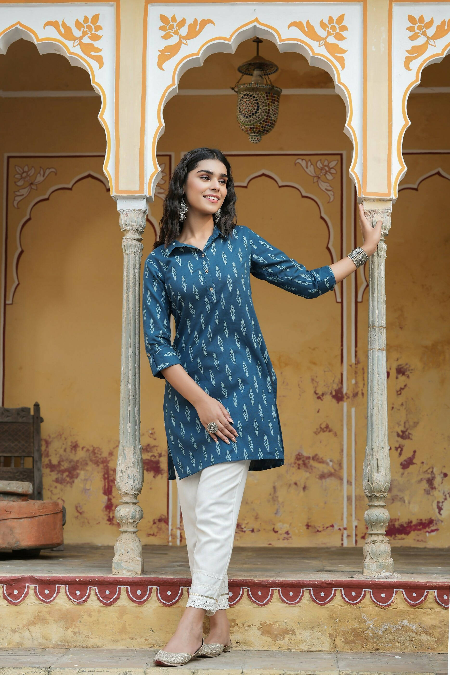 Juniper Women's Navy Cotton Flex Printed Straight Kurta | Grocsy