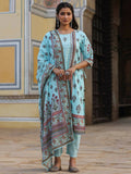 Juniper Women's Skyblue Cambric Floral Placement Printed Straight Fit Kurta Sets | Grocsy