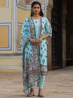 Juniper Women's Skyblue Cambric Floral Placement Printed Straight Fit Kurta Sets | Grocsy