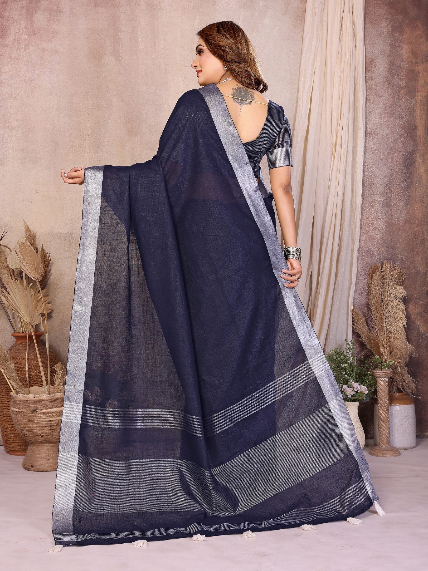 Anaita Teal Weaving Linen Cotton Saree With Blouse | Grocsy