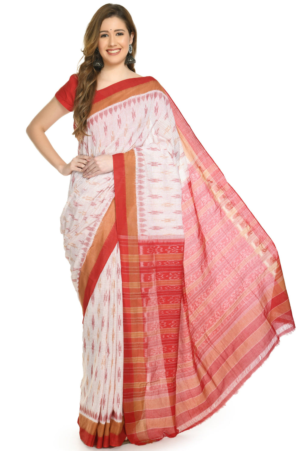 Vamika Sambalpuri Ikat Cotton Dehabandha Badafula White & Light Red Saree | Grocsy
