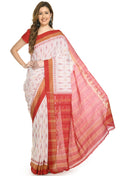 Vamika Sambalpuri Ikat Cotton Dehabandha Badafula White & Light Red Saree | Grocsy