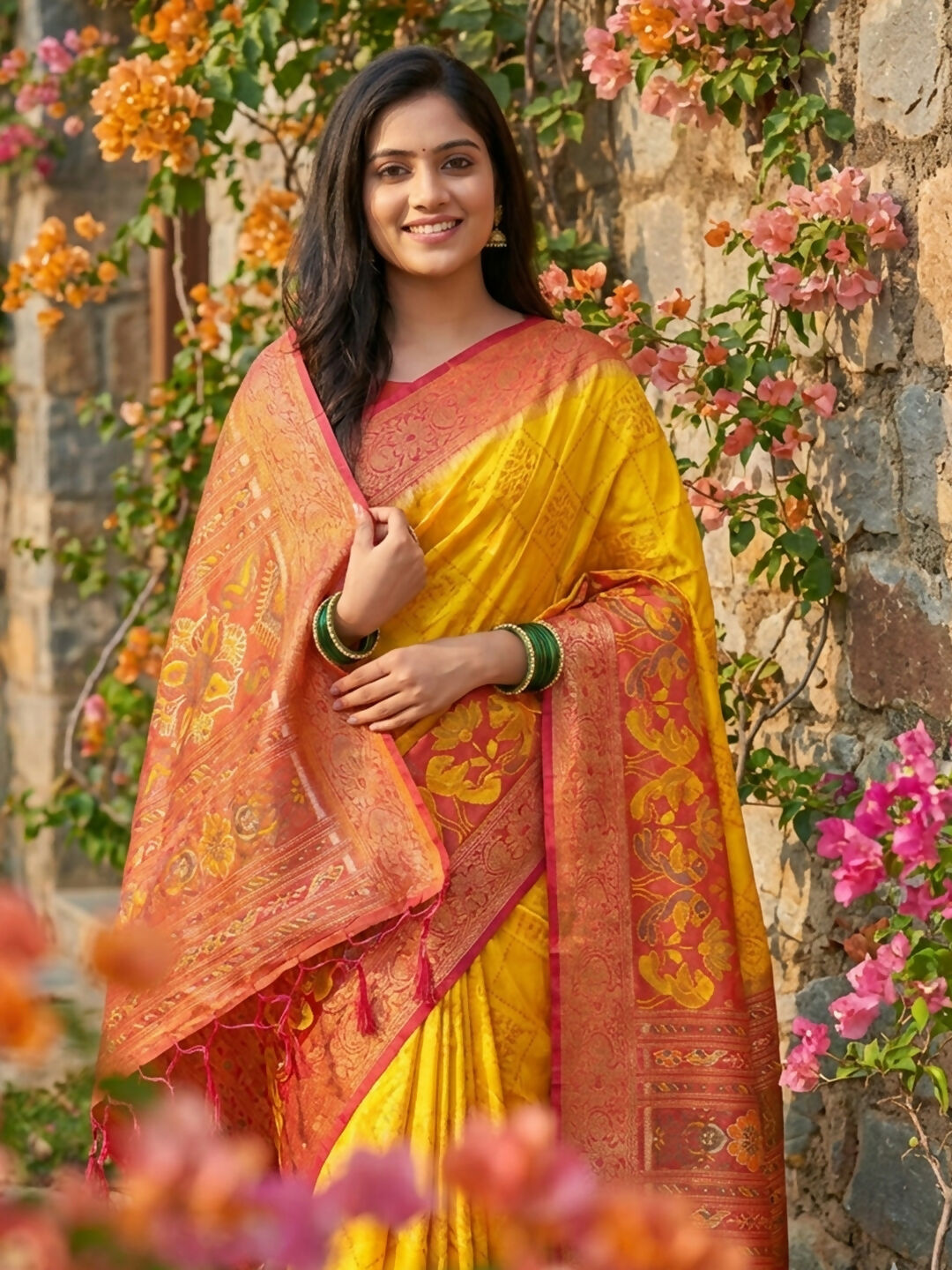 Shree Shyam Fashion Yellow Pochampally Silk Saree | Grocsy