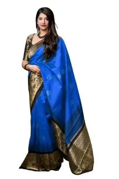 DEIANA'S Beautiful Designer Golden zari Soft Lichi Silk Saree - Royal Blue | Grocsy