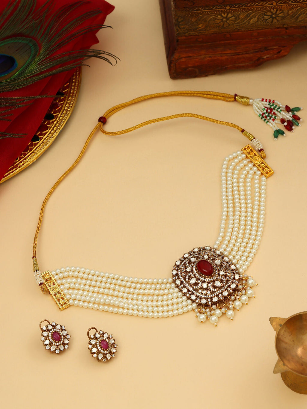 Ruby Raang 22k Gold Polished Pearl And Kundan Necklace With Stud Earrings | Grocsy