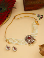 Ruby Raang 22k Gold Polished Pearl And Kundan Necklace With Stud Earrings | Grocsy