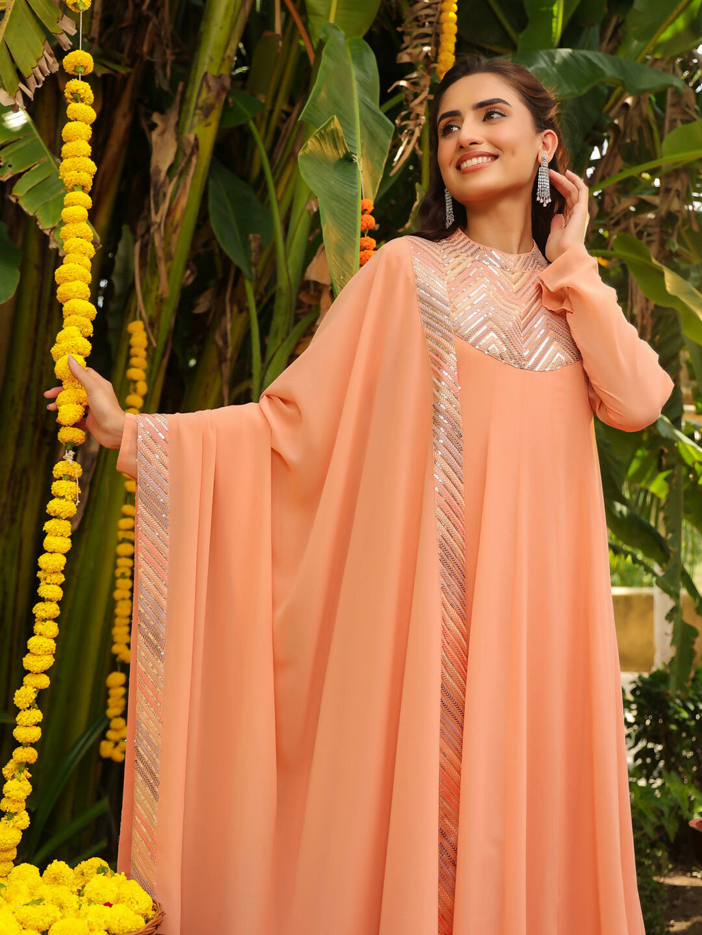 Janasya Peach Georgette Sequined Kurta,Bottom & Dupatta | Grocsy