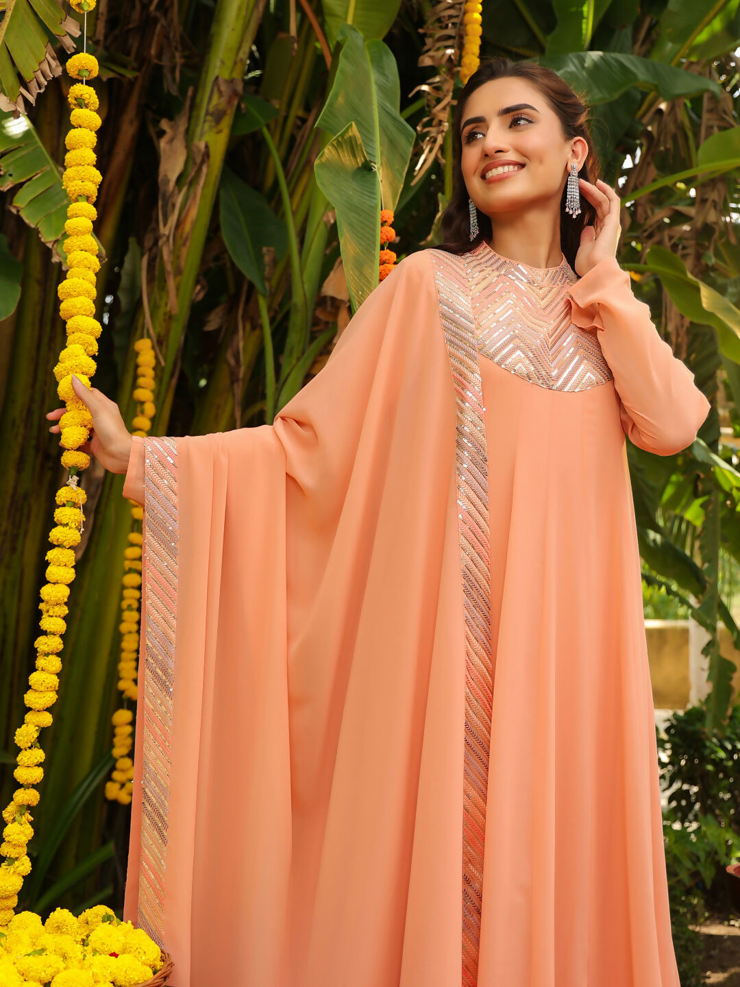 Janasya Peach Georgette Sequined Kurta,Bottom & Dupatta | Grocsy