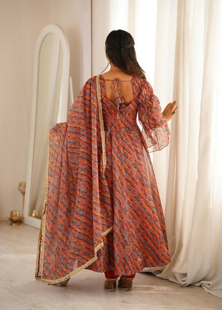 Teeya Creation Women's Multicolour Printed Ethnic Gown with Bell Sleeves and Designer Dupatta | Grocsy