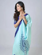 Vastranavya Sky Blue Mandala Print Free Hand Ready to Wear Saree | Grocsy