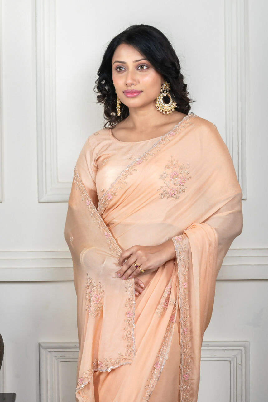Morchari Beige Chiffon Hand Embroidery Saree And Stitched Blouse | Grocsy