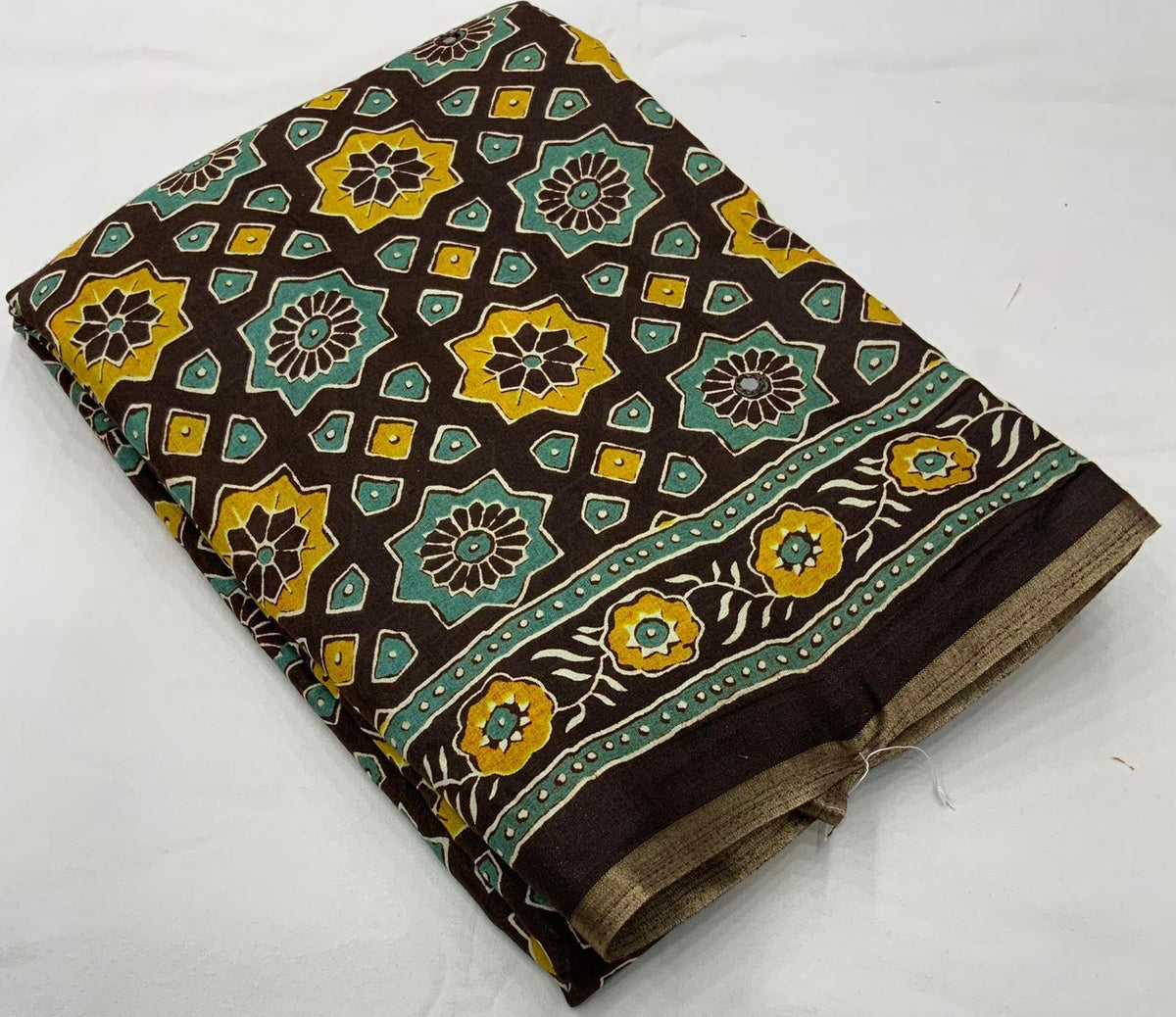 Coffee Cotton Blend Ajrak Saree with Unstitched Blouse - Hiral Fashion | Grocsy