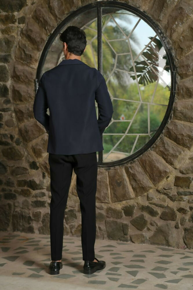 Noir Canvas Blazer – Black 4-Way Stretch Graphic Detail Suit For Men | Wedding & Party Wear by Hilo Design | Grocsy