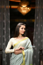 Very Much Indian VMI Exclusive Designer! Handloom Cotton Silk Saree With Sleek Golden Border - Sage Grey | Grocsy