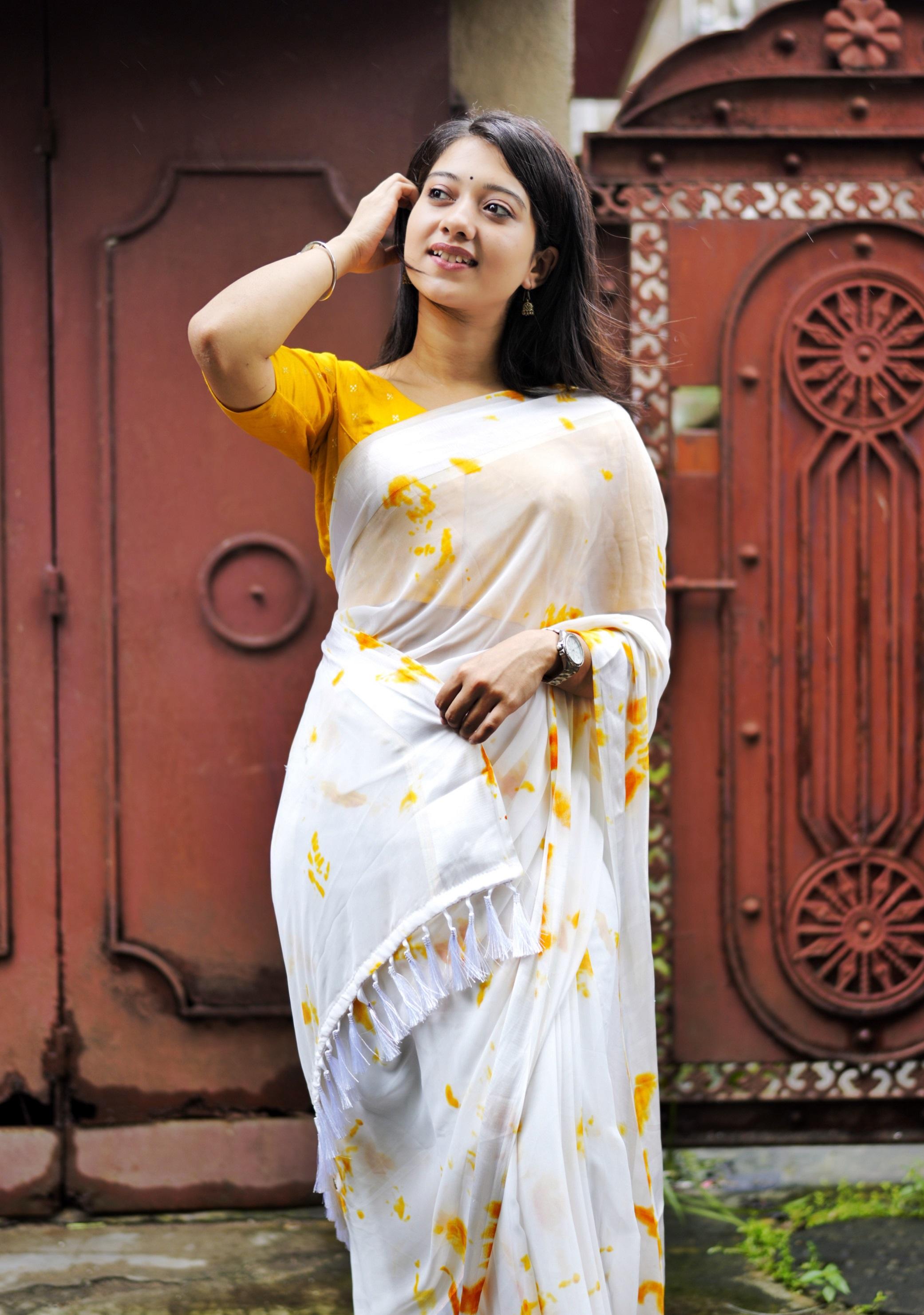 Yellow Poly Georgette Tie And Dye Saree with Unstitched Blouse - A2M | Grocsy