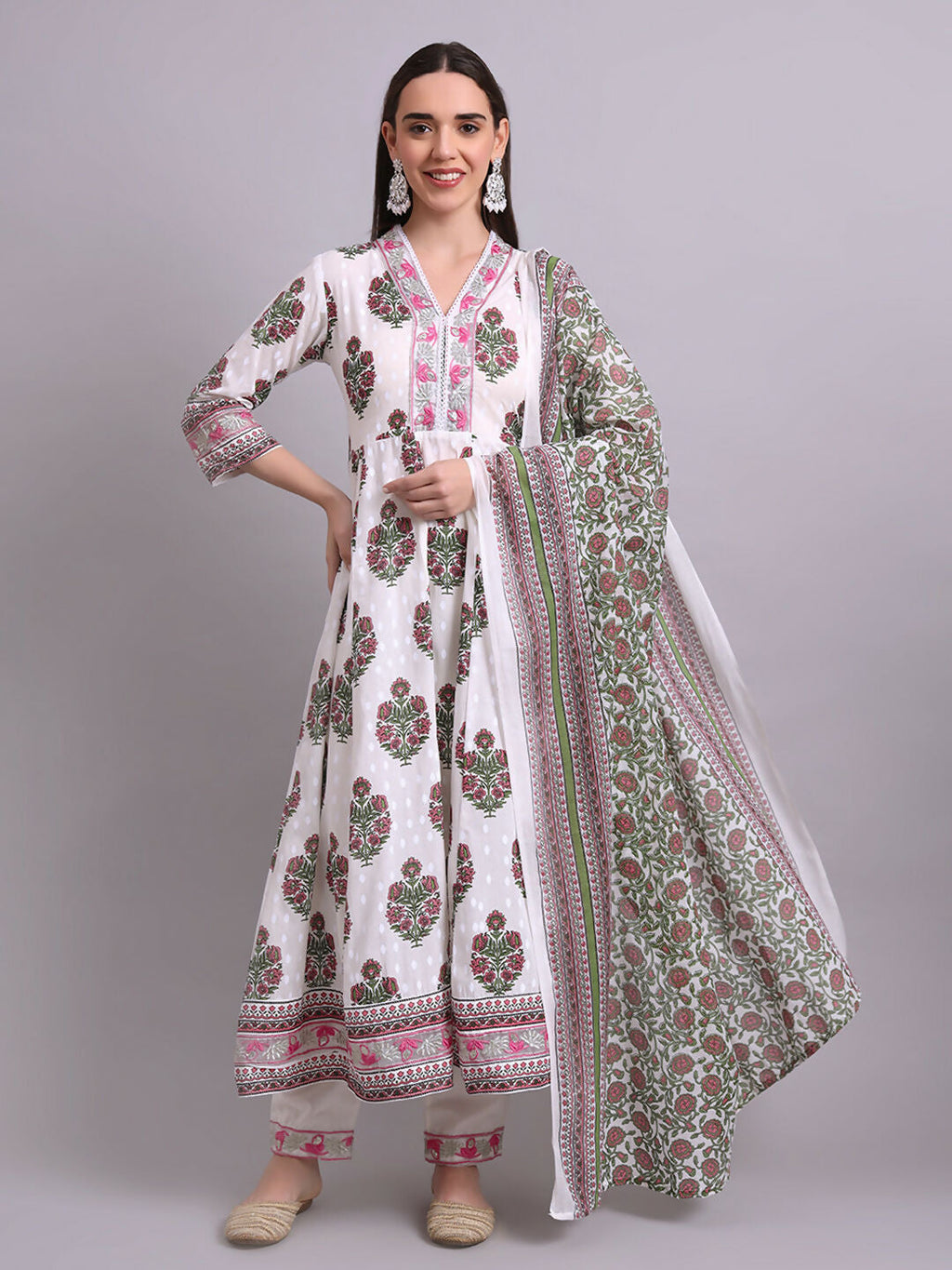 Joban Fashion Off White Cotton Buta Printed & Embroidery Work Anarkali Kurta With Trousers & Dupatta Set | Grocsy
