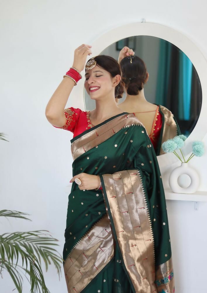 Green Woven Jacquard Designer Embroidery Work Party Wear Saree - Parampara | Grocsy