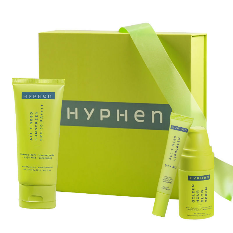 Hyphen By Kriti Sanon Daily Glow Essentials Gift Kit with Complete Skin Care Routine, with Face Serum, Moisturizing Sunscreen SPF & Lip Balm | Grocsy